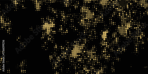 Abstract luxury banner with golden glittering dots on black background. Sparkling glitter bottom border, vector frame. Halftone effect. Magical gold dust. Pop art style backdrop.