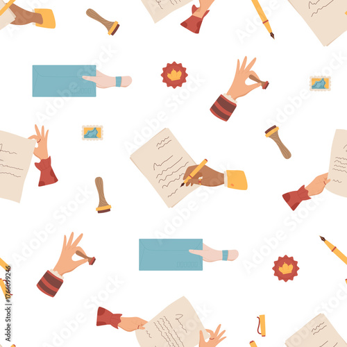 Mail seamless pattern in flat style, letter, envelope, stamp, post, sheet, pen, hand and hold motive. Postal background for correspondence concept or stationery, creative trendy template.