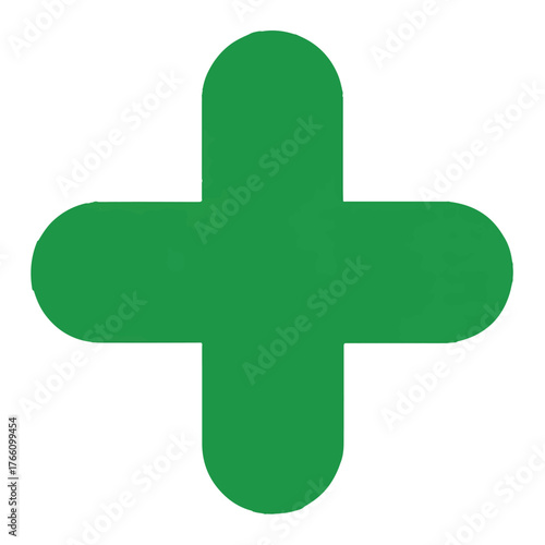 A bold green plus sign, isolated on white background, symbolizes addition, positivity, and aid, embodying concepts of growth, assistance, and the enhancement of wellbeing and resources