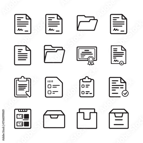 Collection of document and file icons isolated on white background, featuring various types of documents, folders, and files, representing organization, paperwork, and data management