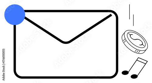 Large envelope with blue notification circle, a falling coin with dollar sign, and a music note. Ideal for communication, notifications, payments, finance, subscriptions services media. Simple flat