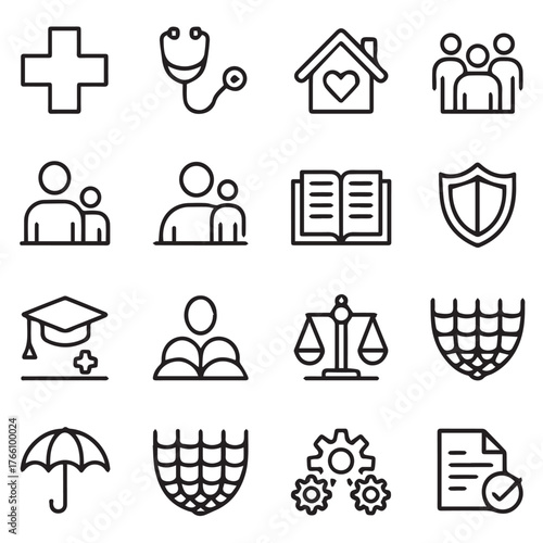 Set of various service icons isolated on white background, including health, family, education, justice, security, and insurance, representing different aspects of community support and protection