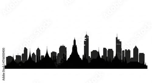 Silhouette of a cityscape with various buildings including skyscrapers and temples against a white background