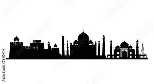 Silhouette of india cityscape with famous landmarks and monuments against a white background view of the skyline