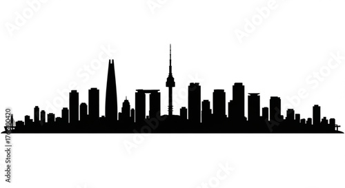Silhouette of a city skyline with tall buildings and a tower against a white background cityscape illustration