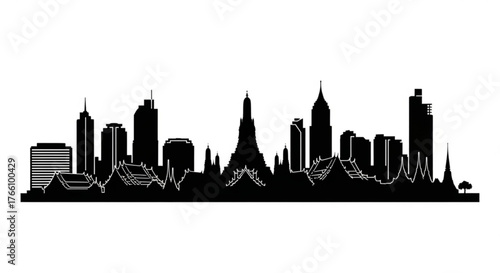 Black silhouette of a city skyline with temples, skyscrapers, and a single tree on the right side