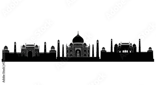 Silhouette of the taj mahal and other buildings in india against a white background in landscape format