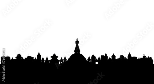 Silhouette of kathmandu cityscape featuring temples and stupas against a white background, black and white