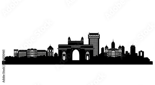 Silhouette of mumbai skyline featuring gateway of india and other iconic buildings in black and white view