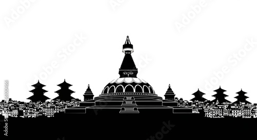 Black and white illustration of a buddhist stupa and surrounding buildings in a cityscape view