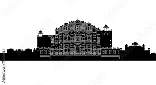 Black silhouette of hawa mahal palace with intricate details and architectural design in india cityscape view