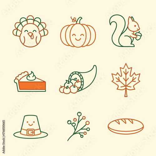 Thanksgiving Icons Set: Turkey Pumpkin Squirrel Pie Cornucopia Leaf Hat Berries Bread.