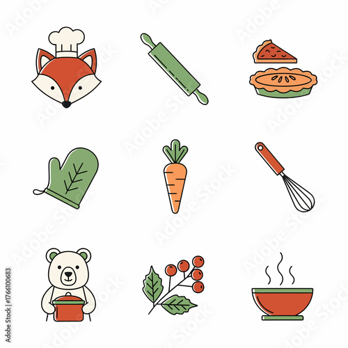 Cooking Icons Featuring Fox Chef Bear and Kitchen Utensils.