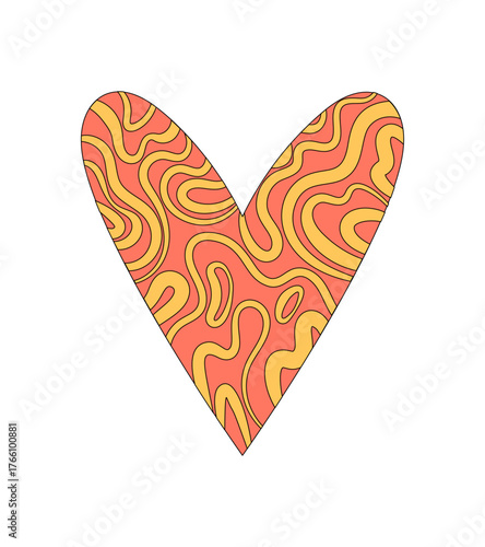Groovy retro heart with wavy and psychedelic look. Funky vintage heart as orange and yellow symbol, groovy element in y2k style. Playful graphic for cool pop or contemporary decor.