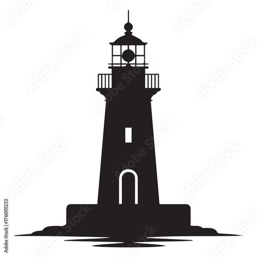 A striking silhouette of a lighthouse, isolated on white background, stands tall against the stark backdrop, its iconic structure a beacon of hope and guidance for sailors navigating the seas