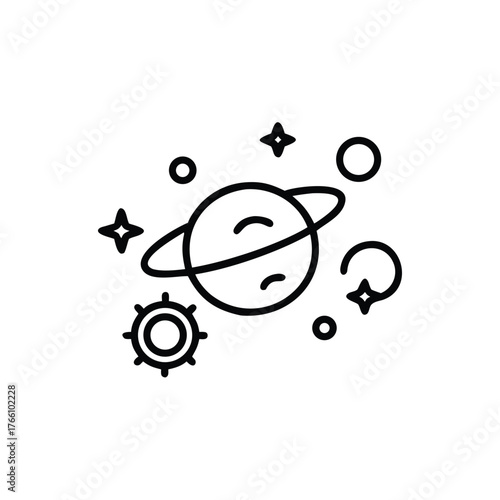 Simple Line Art Icon of a Ringed Planet Surrounded by Stars and Orbits astronomy rings