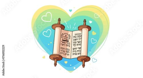A Torah scroll is depicted in front of a large, colorful heart shape with smaller hearts floating around it.