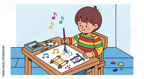 A young boy sits at a desk, happily painting pictures of a Torah scroll and the Israeli flag while listening to music.