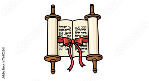 A detailed illustration of a Torah scroll, tied with a red ribbon, symbolizing Jewish religious texts and tradition.