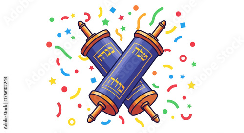Two blue Torah scrolls crossed with golden handles and decorative elements, surrounded by colorful confetti, symbolizing Simchat Torah celebration.