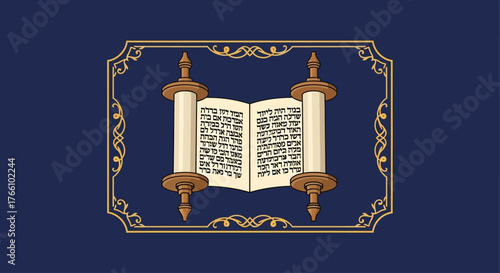 An illustration of an open Torah scroll with Hebrew text, set against a dark blue background.