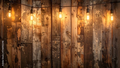 Rustic wooden backdrop with glowing light bulbs, perfect for an inviting and warm ambiance