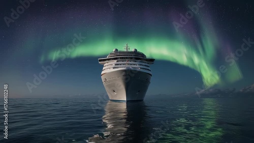 A grand cruise ship sails beneath the mesmerizing dance of the aurora borealis, creating an awe-inspiring vista of sea and sky.