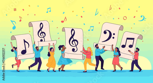 A diverse group of people joyfully holding up scrolls with musical notes and symbols, celebrating music and harmony.