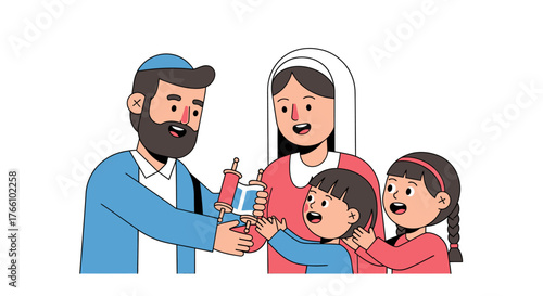 An illustrated Jewish family, including a father, mother, and two children, participating in the tradition of giving charity.