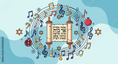 Illustration depicting a Torah scroll surrounded by musical notes and symbols, celebrating Jewish culture.
