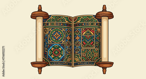 An ornate, open manuscript with decorative pages and scroll-like ends, set against a plain background.