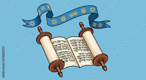 An illustration of an open Torah scroll with Hebrew text and a blue banner adorned with Stars of David, set against a light blue background.