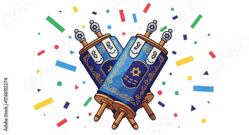 Two ornate Torah scrolls with blue covers and gold accents, surrounded by colorful confetti.