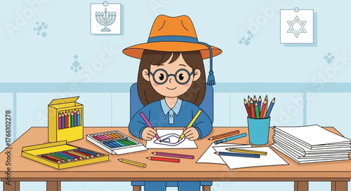 A girl with glasses and a hat is drawing with colored pencils on a desk with art supplies.