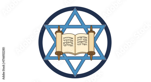 A blue Star of David, a prominent symbol of Judaism, encircling an open Torah scroll with Hebrew script.