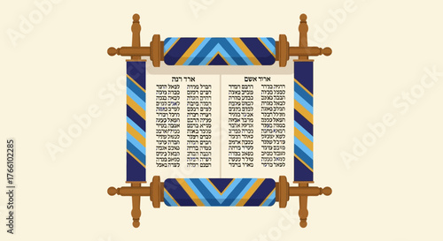A decorative scroll with Hebrew text, adorned with blue and gold striped ribbons and wooden rollers.