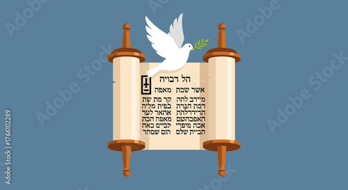 Illustration of a Torah scroll with Hebrew text, a dove, and a blue background.