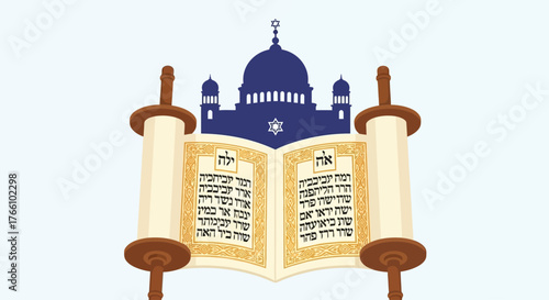 An open Torah scroll with Hebrew text and a synagogue silhouette in the background, representing Jewish faith and tradition.