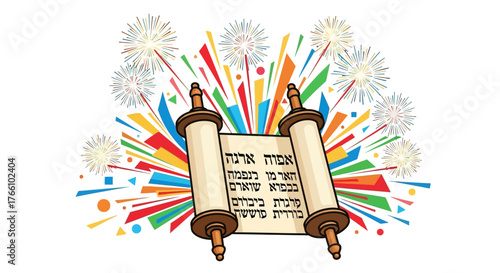 Vibrant illustration of a Torah scroll with Hebrew text, surrounded by colorful confetti and fireworks, symbolizing a joyful Jewish celebration.