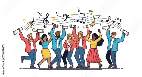 Group of diverse people celebrating with rolled up documents and musical notes in the air.