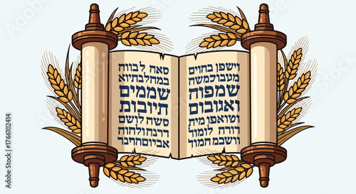 Illustration of a Torah scroll with Hebrew text and wheat stalks.