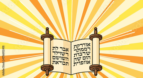 A stylized illustration of an open Torah scroll, the sacred book of Judaism, with radiant beams of light in the background.