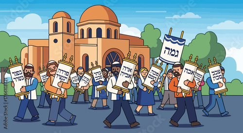 A diverse group of Jewish people carrying Torah scrolls in front of a synagogue.