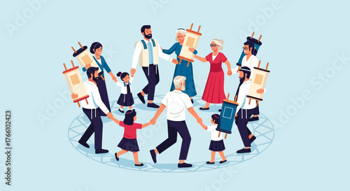 A diverse group of Jewish people, including families and multiple generations, joyfully dancing in a circle while holding Torah scrolls during a religious celebration.