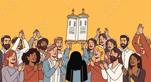 A diverse group of Jewish people joyfully celebrating and clapping as a woman holds up a Torah scroll during a religious ceremony.