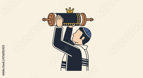 A Jewish man wearing a kippah and tallit holding a Torah scroll with a crown above his head, celebrating a religious event.