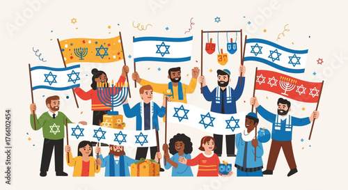 Diverse group of people celebrating a Jewish holiday with flags, menorahs, and festive decorations.
