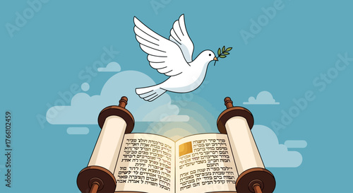 A white dove of peace with an olive branch flies over an open Torah scroll against a blue sky.