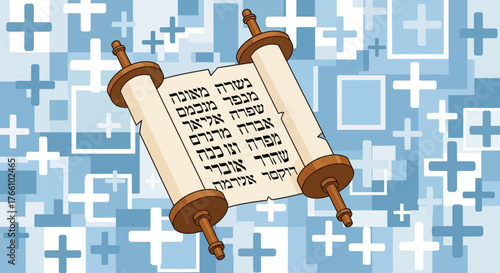 A Torah scroll with Hebrew text is displayed against a background of blue crosses and squares.