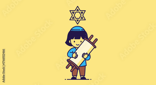 Cartoon child wearing kippah holding Torah scroll with Star of David above, on a yellow background.